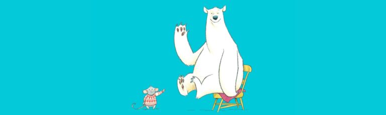 A big white bear sits on a small chair, waving at the viewer. A cross mouse points at bear!